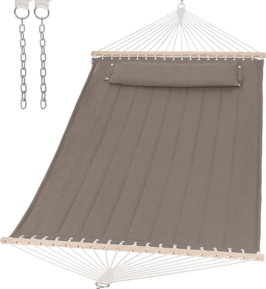 SUNCREAT Double Quilted Hammock with Hardwood Spreader Bar, Extra Large Soft Pillow, Heavy Duty 2 Person Hammock for Indoor, Outdoor, Brown