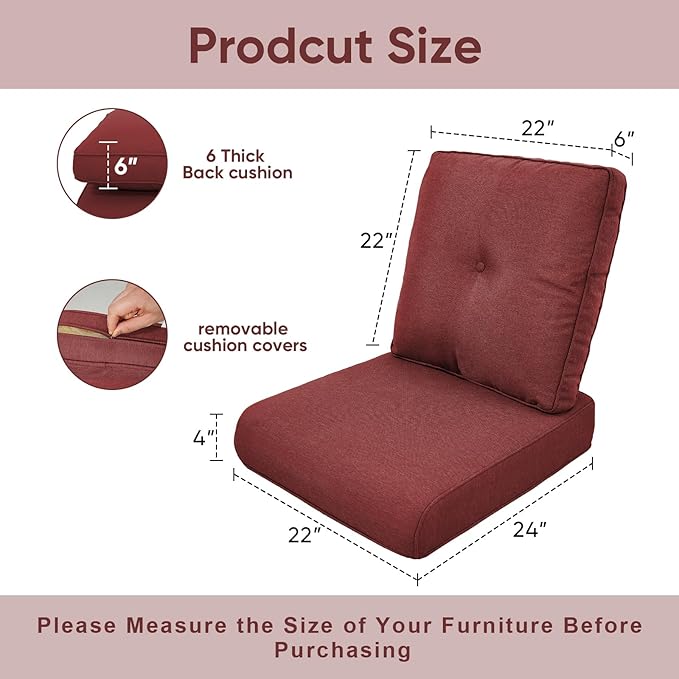 Patio Chair Cushions 6 Packs - Outside High Back Thick Water-Resistant Cushion 22x24 with Zipper Cover for Outdoor Glider Rocking Chairs Loveseat 3-Seater Couch Sofa – Red/Buckle