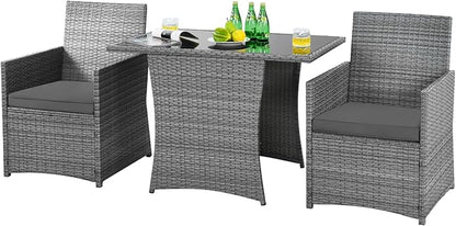 HAPPYGRILL 3-Piece Outdoor Wicker Bistro Set Space-Saving PE Rattan Dining Table Set with Cushioned Chairs, Patio Conversation Set for Backyard Porch Garden and Poolside