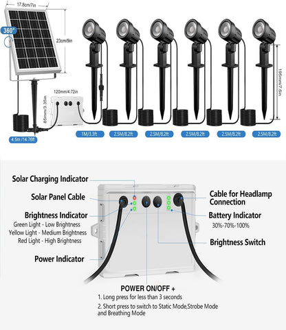 CLY 6 in 1 Solar Spot Lights Outdoor, 2700K Warm White Solar Spotlights Landscape Lights, IP66 Waterproof 59.06ft Cable Auto On/Off Garden Floodlight for Yard Lawn Tree Statue Pathway Decoration