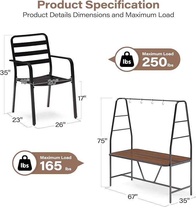 LAUSAINT HOME A-Frame Outdoor Dining Table Set for 4 with 4 Hooks, Patio Furniture Set for Garden, Backyard and Patio, for Family, Holiday and Winter, Black