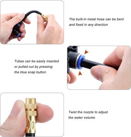 Mornajina 5Packs Brass Misting Nozzles Tee with 4inch Built in Hose for Outdoor Cooling System, Adjustable 360° Rotation, Water Mister Nozzles Thread Sprayer 0.043" (1.1 mm)
