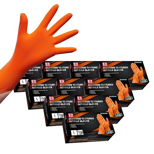 Jointown Basic Heavy Duty Nitrile Gloves, Mechanic Gloves 8 Mil Nitrile Disposable, with Raised Diamond Texture, Case of 1000, Orange, Large