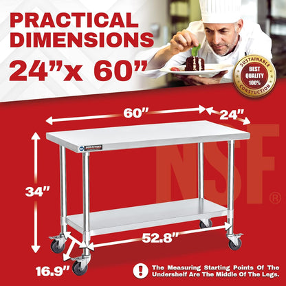 DuraSteel 24x60 NSF Stainless Steel Cart - Heavy Duty Food Prep Table with Undershelf - Rolling Kitchen Island on Wheels for Commercial Restaurant Kitchen, Garage, Outdoor Cooking, BBQ Grill, Counter