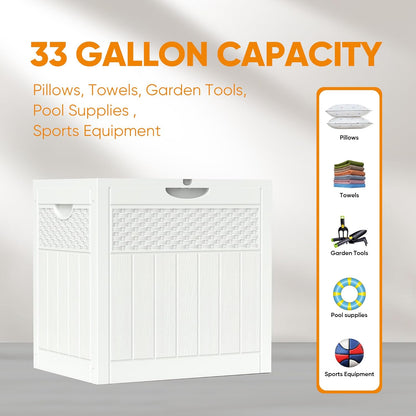 33 Gallon Resin Deck Box, Weatherproof Outdoor Storage Box for Patio, Garden and Yard, Lockable Waterproof Bin for Tools, Cushions, and Accessories, White