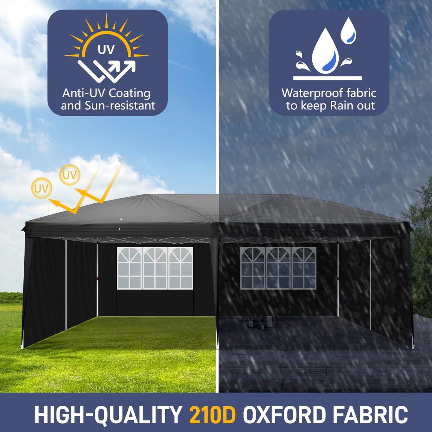 Outvita 10x20ft Pop Up Canopy Tent, Outdoor Instant Shelter Folding Canopy with 6 Side Walls and Carry Bag for Commercial Events, Party, Backyard BBQ, Camping Black