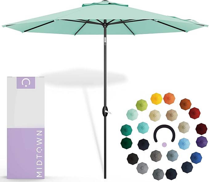 Midtown Umbrellas Sunbrella Umbrella 9 Feet Outdoor Umbrella With Canvas Glacier Acrylic Fabric - Auto-Tilt Aluminum Frame Patio Umbrella For Backyard, Deck, Garden, Pool - Black Pole