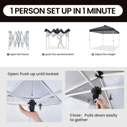 Shades 10x10 Pop Up Canopy with One Push Setup,Heavy Duty Beach Tent with Wheels for Easy Moving, Sun Shelter for Parties,Events, Outdoor Gazebo with 420D Coated Waterproof Grey Fabric