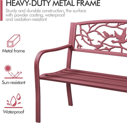 Yaheetech Outdoor Garden Bench Patio Furniture Chair Outdoor with Vintage Bird Pattern Backrest, Slatted Seat, Antique Metal Bench for Yard & Porch & Park, Red