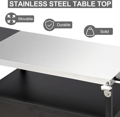 Spurgehom Outdoor Grill Cart, Pizza Oven Stand Table with Stainless Steel Top Movable Kitchen Cooking Prep Table BBQ Cart Kitchen Prep