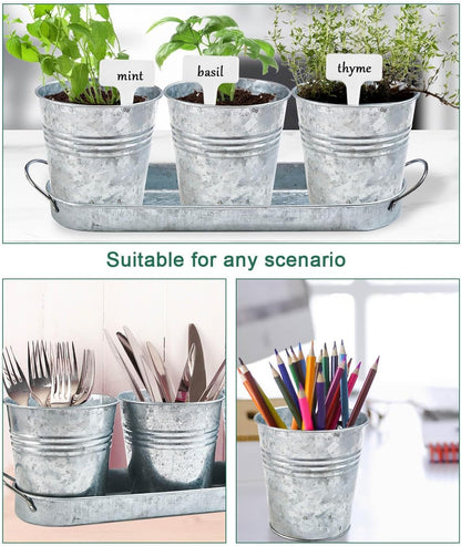 vensovo Indoor Herb Planter Set - Galvanized Windowsill Garden Pots with Tray & Drainage, Set of 3 Metal Window Planters for Kitchen & Outdoor Use, Silver