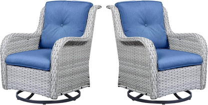 Outdoor Swivel Rcoker Patio Chairs - Outdoor Swivel Patio Chairs Set of 2 Wicker Chair Patio Furniture Sets with Covered Cushion for Porch Deck Balcony Garden, Blue Cushion