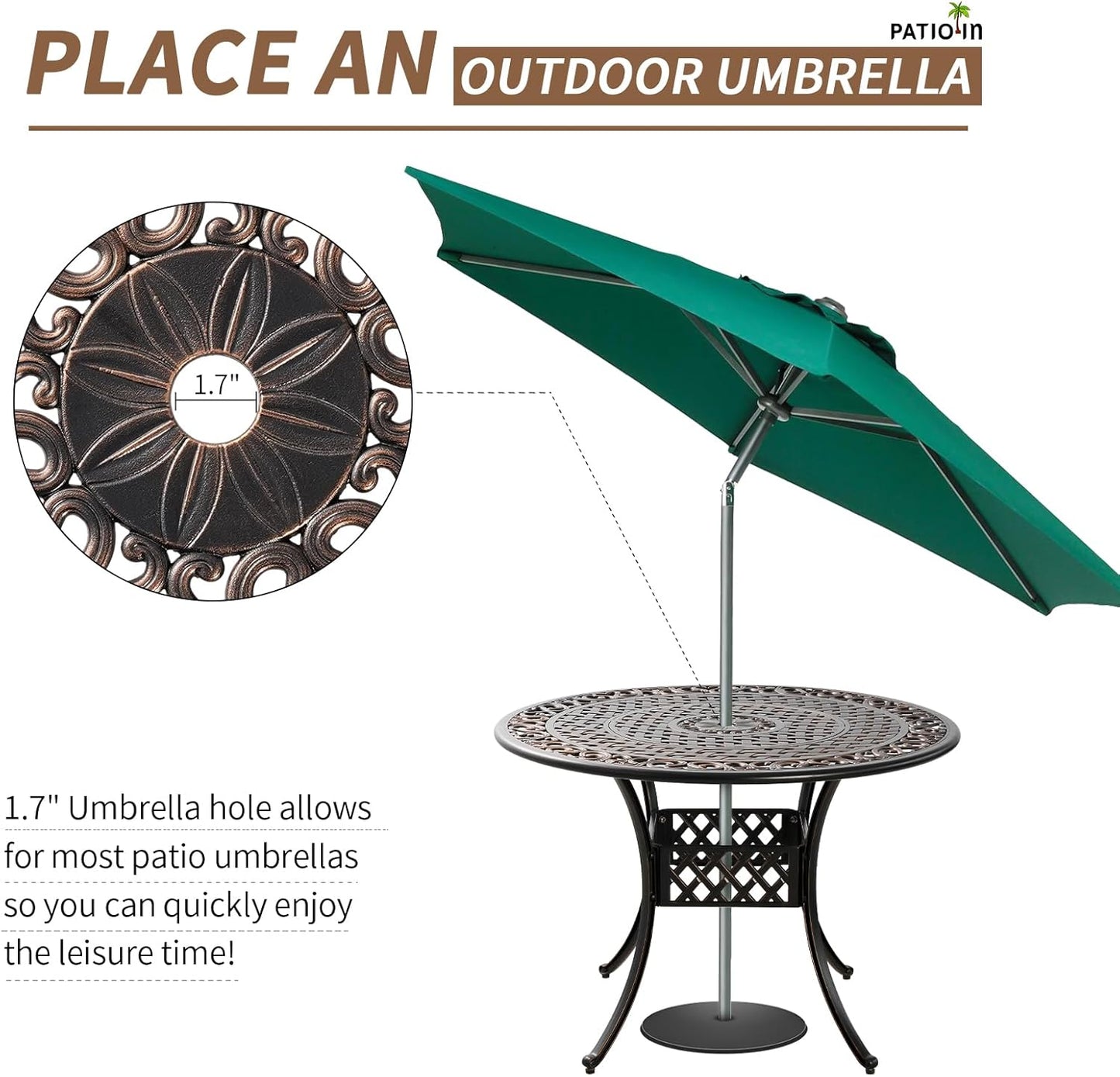 Cast Aluminum Outdoor Dining Table 42" Round Patio Dining Table with 1.7" Umbrella Hole,Large Garden Patio Table for 4-6 People, Bronze
