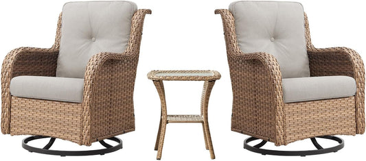 Outdoor Swivel Rocker Patio Chairs - 360 Degree Swivel Glider Seating 350LBS Weight Capacity 3 Piece Wicker Rocking Chairs Set with Side Table for Porch Balcony Deck, Yellow/Beige