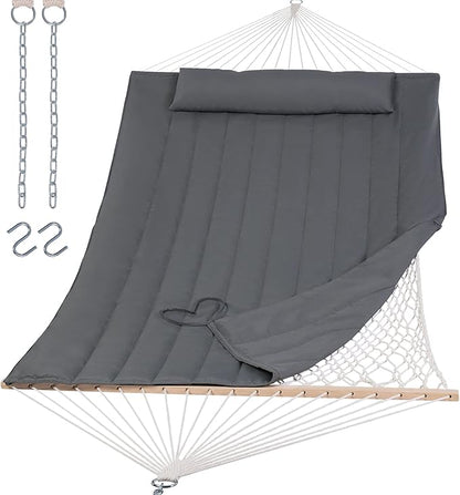 SUNCREAT Hammocks 2 Person Hammock with Hardwood Spreader Bar, Double Rope Hammock with Polyester Pad, Dark Gray