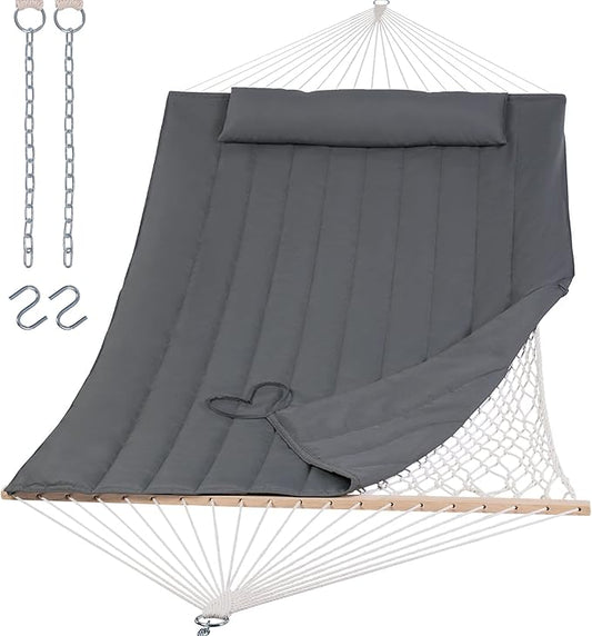 SUNCREAT Hammocks 2 Person Hammock with Hardwood Spreader Bar, Double Rope Hammock with Polyester Pad, Dark Gray