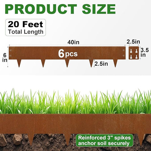 Cor Ten Steel Landscape Edging 6" H x 40" L, 6 Pack Heavy Duty Metal Garden Edging, 20Ft Pre-Rustyed Steel Edging, Bendable Metal Edging for Landscaping, Yard, Tree, Flower Bed