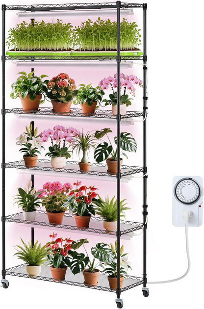 VEVOR Plant Stand with Grow Light, 6-Tier Large Tall Plant Shelf with 150W Full Spectrum Grow Light, Indoor LED Plant Light with Timer and Wheel for Seed Starting 35.4" L x 13.8" W x 70.9" H