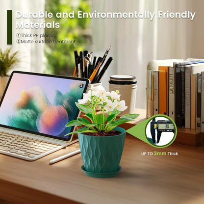 5 inch Plant Pots for Indoor Outdoor Plants, 6 Pack Flower Pots with Drainage Holes and Saucers, 3D Modern Wave Texture Small Plastic Planter Pots for Nursery and House Plants, Blue Green