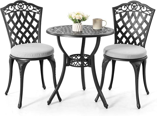 NUU GARDEN 3-Piece Patio Bistro Set Outdoor Cast Aluminum Bistro Table and Chairs Set of 2, Outdoor Patio Bistro Set with Umbrella Hole and Gray Cushions for Patio Balcony, Black