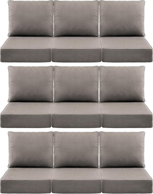 Luxury 6" Outdoor Cushions for Patio Furniture, 24x24x6" Thick Seat Cushion Set of 9, Fade Resistant Couch Chair Replacement Cushions High Density Deep Wicker Chair Cushion w/ Removable Cover Gray