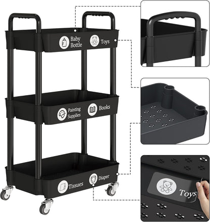 UDEAR 3-Tier Rolling Utility Cart with 12 Category Labels,Multifunctional Comagtable Rolling Shelving with Handle and Lockable Wheels for Room,Office,Kitchen,Bathroom,Black
