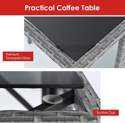 HAPPYGRILL 3 Piece Outdoor Wicker Bistro Set Space-Saving PE Rattan Dining Table Set with Cushioned Chairs, Patio Conversation Set for Backyard Porch Garden and Poolside