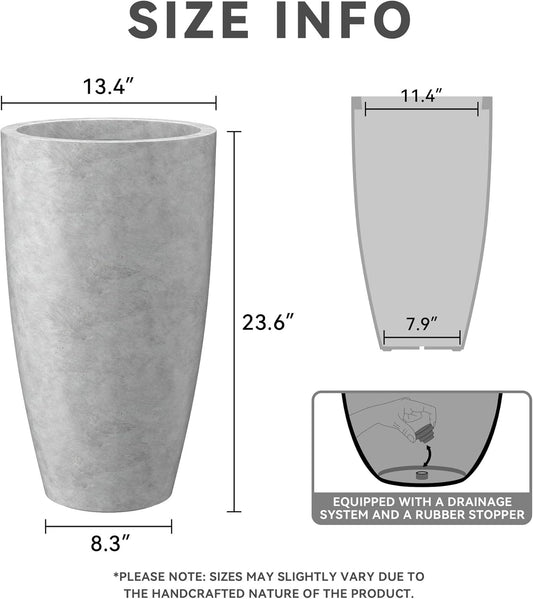 Kante 23.6" H Natural Concrete Tall Planters (Set of 2), Large Outdoor Indoor Decorative Plant Pots with Drainage Hole and Rubber Plug, Modern Style for Home and Garden