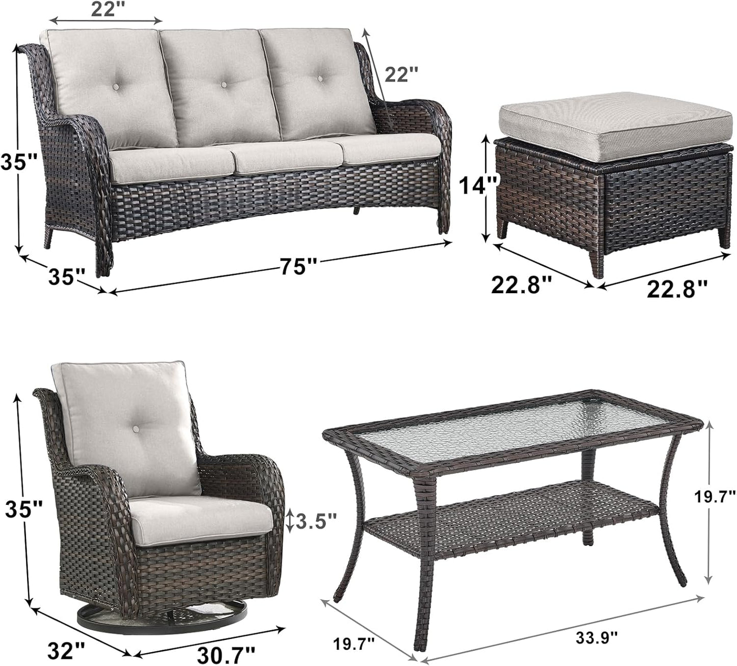 Outdoor Wicker Patio Furniture Set - 6 Piece Rattan Patio Conversation Set with 2 Rocking Swivel Chairs,2 Ottomans,1 Sofa and 1 Coffee Table for Porch Deck Backyard Garden(Brown/Beige)