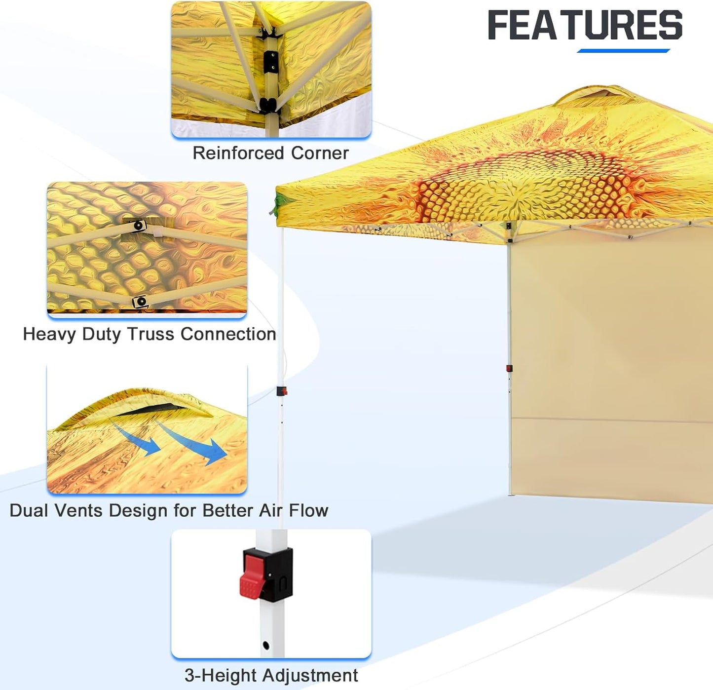 EAGLE PEAK Pop Up Canopy Tent with 1 Sidewall, Easy Setup Event Tent, Outdoor Sun Shade, Wheeled Carry Bag, Stakes and Guy Ropes, Instant Canopy 10x10, Sunflower