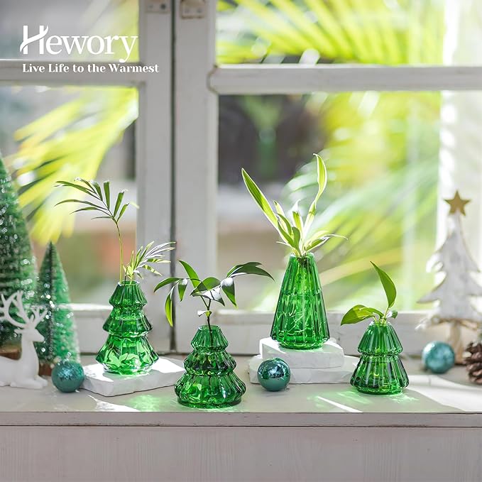 Glass Christmas Tree Propagation Stations: Hewory 4 PCS Propagation Vases for Plant Hydroponic Cutting Flowers - Green Christmas Tree Shaped Planter Pot for Home Holiday Decor Gifts