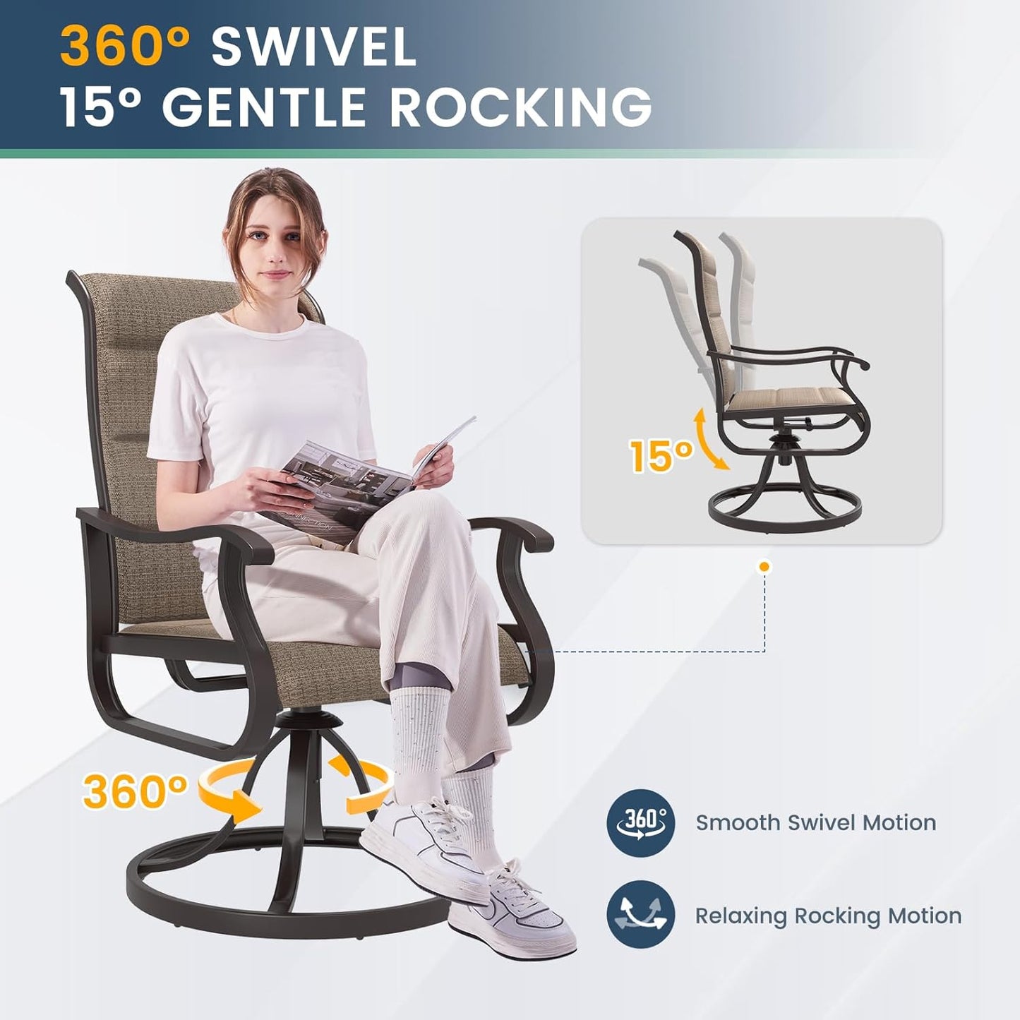 Amopatio Padded Patio Swivel Chairs Set of 2, Outdoor Dining Chairs with Ultra Soft Textilene High Back Seat & Metal Rocker Frame, for Backyard Deck Lawn, Brown