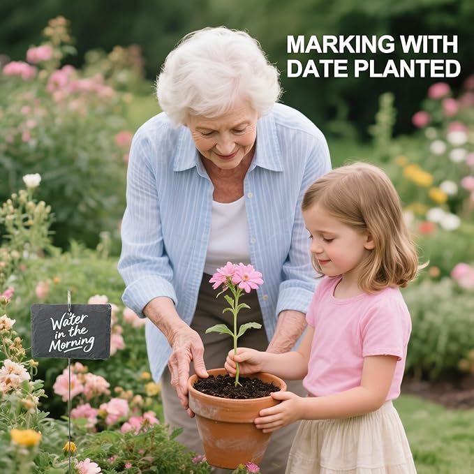 25 Pcs Plant Labels with Metal Stakes and Stone Chalks Reusable Hanging Slate Planter Markers Weatherproof Garden Tags for Seedlings Vegetable Flower Pot