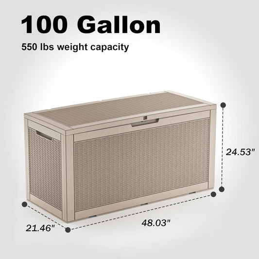 102 Gallon Outdoor Storage Box Waterproof, UV Resistant Resin Deck Box with Hydraulic Rod, Lockable Design and Enhanced Durability for Patio, Garden, and Poolside Use