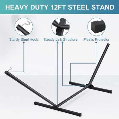 Two Person Hammock with Stand Heavy Duty, Outdoor Patio Hammock with Portable Steel Stand, Large Double Hammocks with Quick Dry Textilene Fabric,480lbs Capacity.(Blue White)