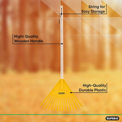 Superio Kids Rake with Hardwood Handle, Durable Plastic Head to Sweep Leaves in Lawn and Tidying Up The Garden, 34" (Kid Size, Yellow, 1-Pack)