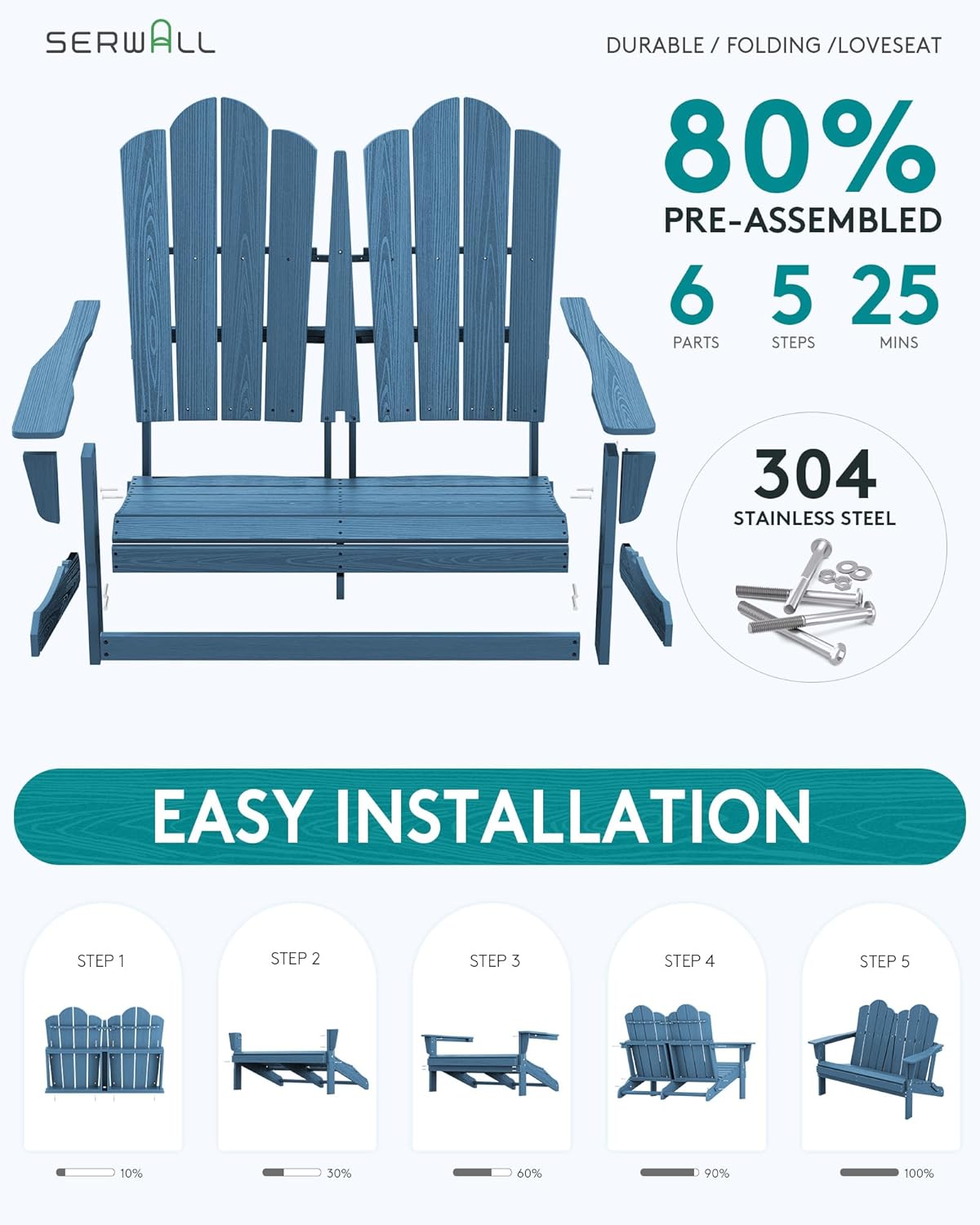 SERWALL 2 Person Adirondack Loveseat, HDPE All-Weather Folding Adirondack Bench Chair, Outdoor Adirondack Chair Set of 4, Navy