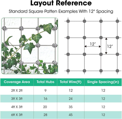 10 Sets Cylindrical Hubs Wall Trellis Kits, Wire Trellis for Climbing Plants Outdoor with 53Ft x 1/8" T316 Stainless Steel Rope, Garden Wire Trellis System for Espalier & Vertical Gardening