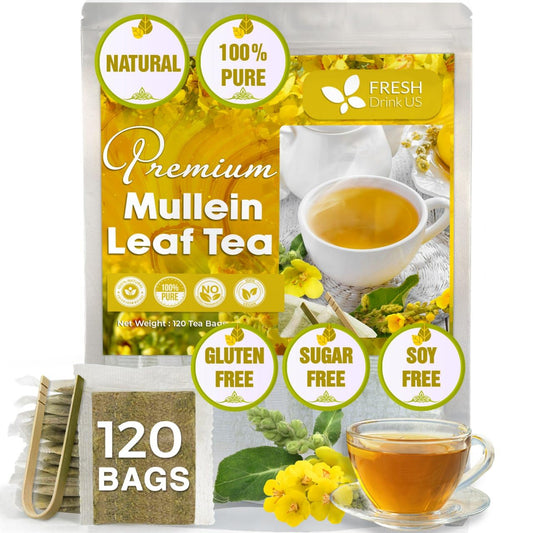 FreshDrinkUS, Premium 120 Mullein Leaf Tea Bags For Lung, 100% Natural & Pure from Mullein Leaves. Loose Leaf Mullein Herbal Tea. Made with Natural Material Tea Bags. No Sugar, No Caffeine, No Gluten, Vegan.
