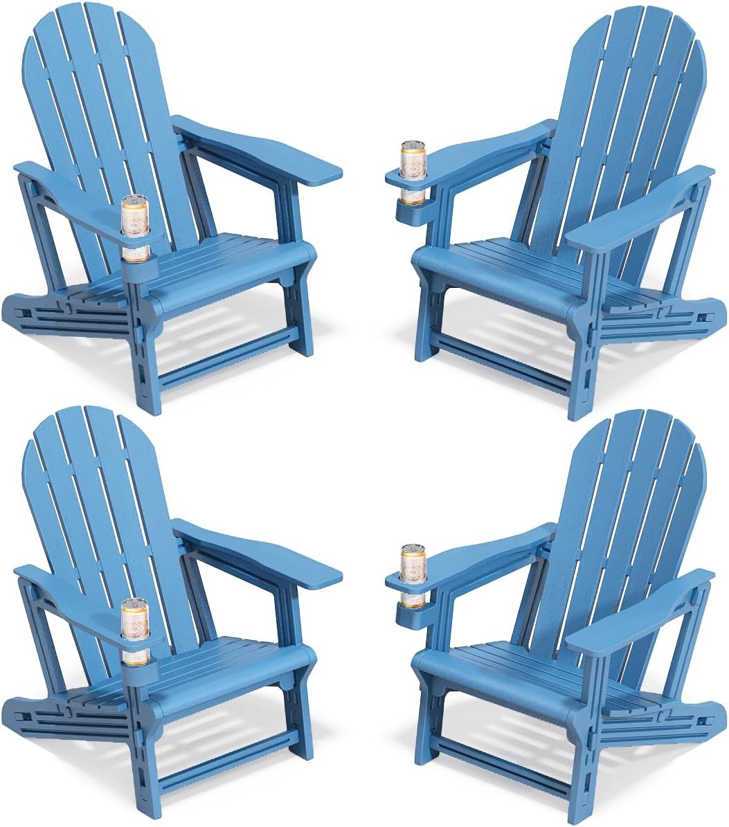 Adirondack Chairs Set of 4, Tool-Free Assembly All-Weather Plastic Adirondack Chairs, HDPE Fire Pit Chairs with Cup Holder, Outdoor Chair for Patio Garden (Blue)