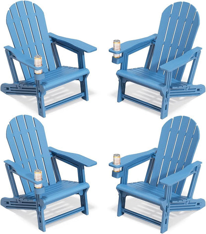 Adirondack Chairs Set of 4, Tool-Free Assembly All-Weather Plastic Adirondack Chairs, HDPE Fire Pit Chairs with Cup Holder, Outdoor Chair for Patio Garden (Blue)