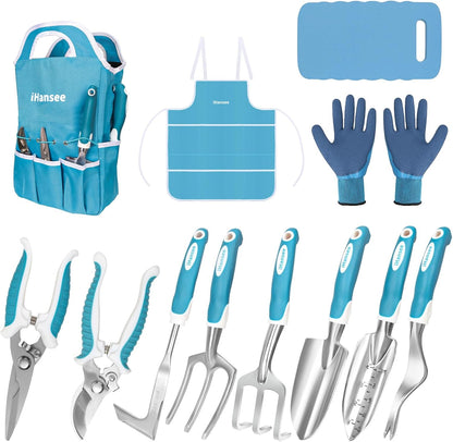 Blue Garden Tool Sets 12-Piece, Aluminum Gardening Hand Tools w/Ergonomic Handle, Garden Supplies Organizer Handbag, Kneeling Pad, Apron and Gloves, Gift for Women, Garden Starter Kit for Women
