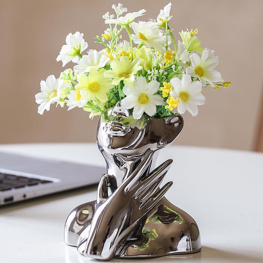 BrownLove Silver Ceramic Face Vase, Modern Silver Decorative Art Vase, Bookshelf Placed On The Desktop, Small Living Room, Office and Bedroom