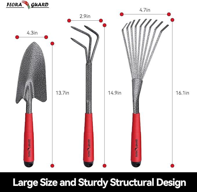 FLORA GUARD Garden Tool Set, 6-Piece Heavy Duty Gardening Hand Tools with Soft Rubber Handle, Includes Trowel, Rake, 2-in-1 Hoe & Crack Weeder, Durable Yard Tools, Ideal Gardening Gift for Men & Women