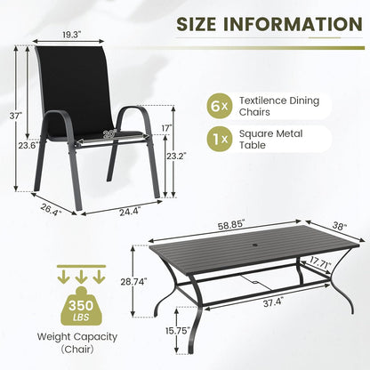 UDPATIO Patio Dining Set of 7, Outdoor Table and Chairs Set with Square Metal Table, 6 Stackable Patio Chairs with High Back, Outdoor Furniture for Deck Garden Backyard Lawn Poolside (Black)