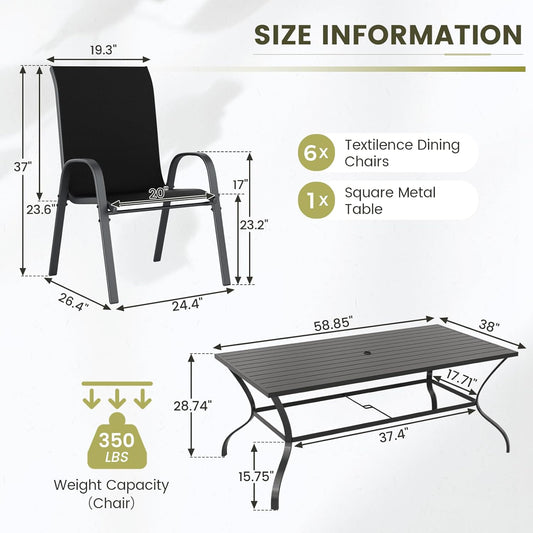 UDPATIO Patio Dining Set of 7, Outdoor Table and Chairs Set with Square Metal Table, 6 Stackable Patio Chairs with High Back, Outdoor Furniture for Deck Garden Backyard Lawn Poolside (Black)