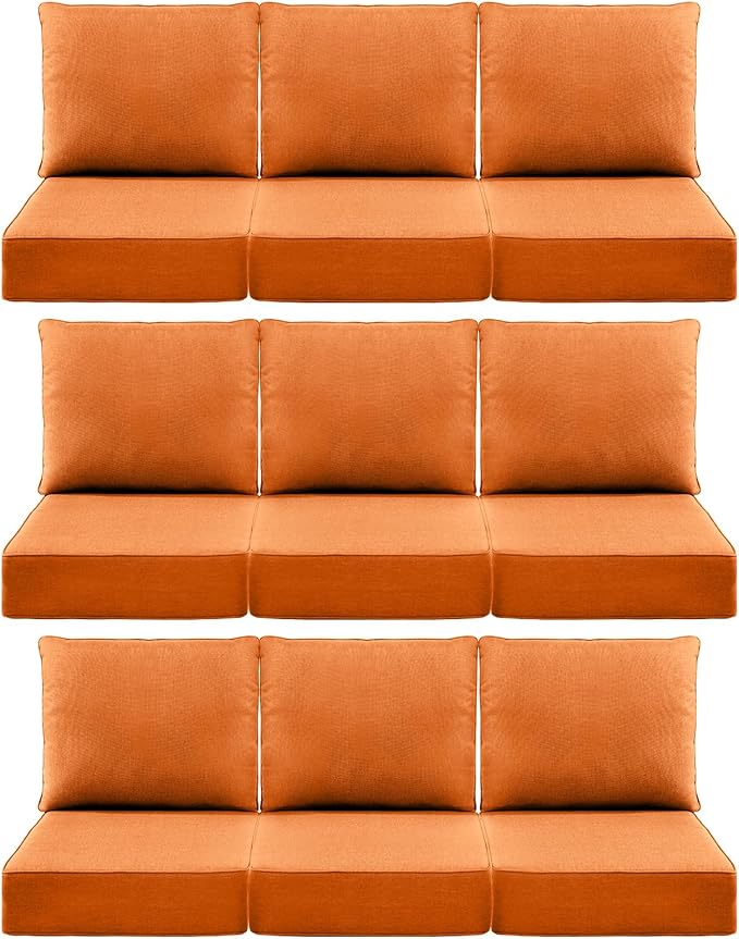 Luxury 6" Outdoor Cushions for Patio Furniture, 24x24x6" Thick Seat Cushion Set of 9, Fade Resistant Couch Chair Replacement Cushions High Density Deep Wicker Chair Cushion w/ Removable Cover, Orange
