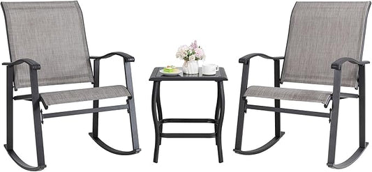 Shintenchi 3 Piece Rocking Bistro Set, Outdoor Furniture with Rocker Chairs and Glass Coffee Table Balcony, Porch Furniture for Small Space, Gray