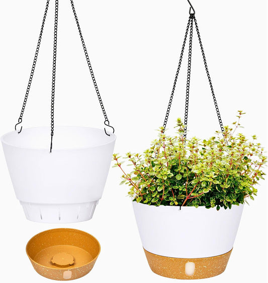 QCQHDU 2 Pack Hanging Planters for Indoor Outdoor Plants, 8 Inch Hanging Baskets Flower Pots with Reservoir Tray & Visible Water-Level