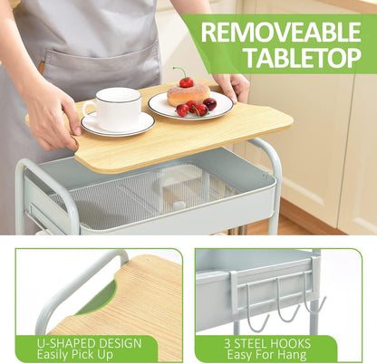 TOOLF 3-Tier Rolling Cart with Table Top, Metal Storage Cart on Wheels, Utility Organizer with Wooden Tray, Lockable Casters, Easy Assembly for Bathroom, Bedroom, Baby Room, Kitchen, Green